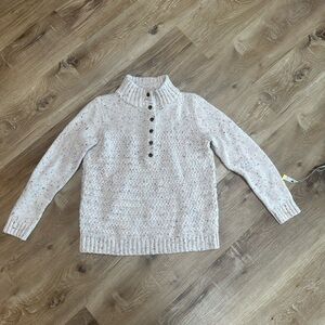 Talbots Cream Speckled Button-Front Turtleneck Sweater